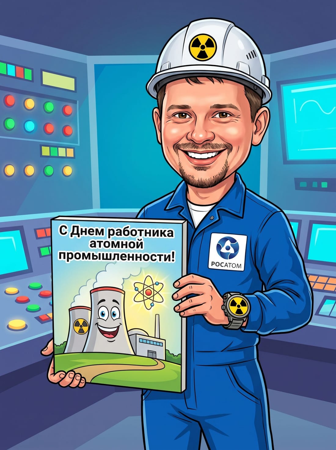 Шарж сотруднику атомной промышленности в каске Росатома — шарж по фото, Оренбург