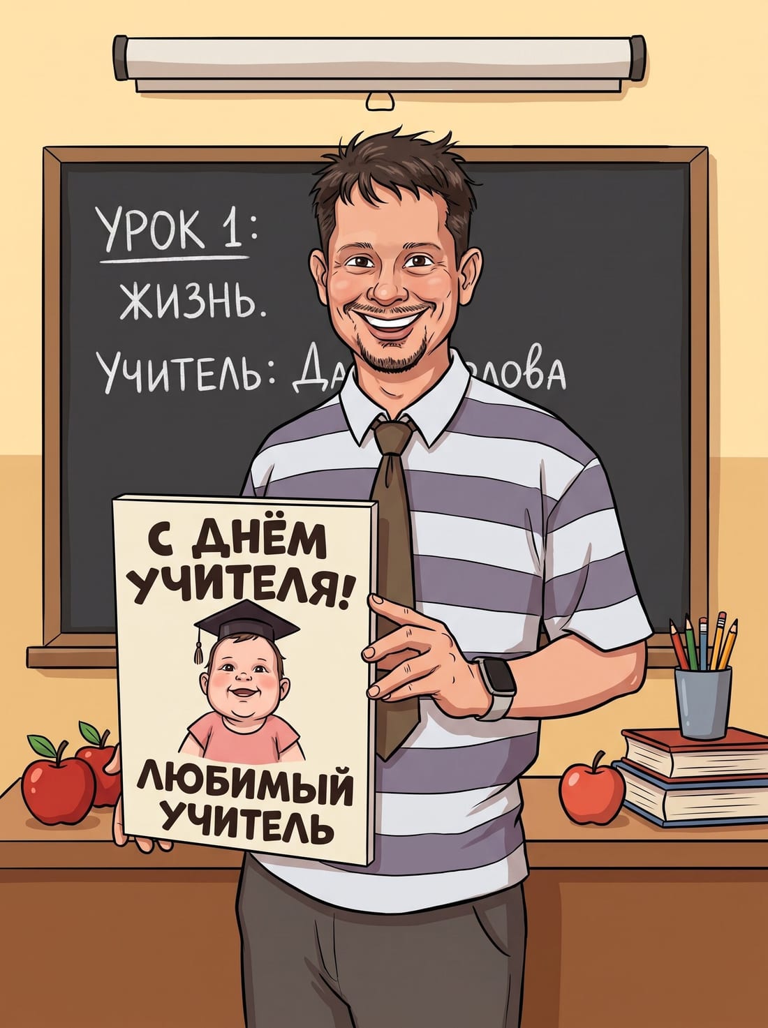 Шарж учителю «Любимый учитель» с младенцем в академической шапочке — по фото, Оренбург